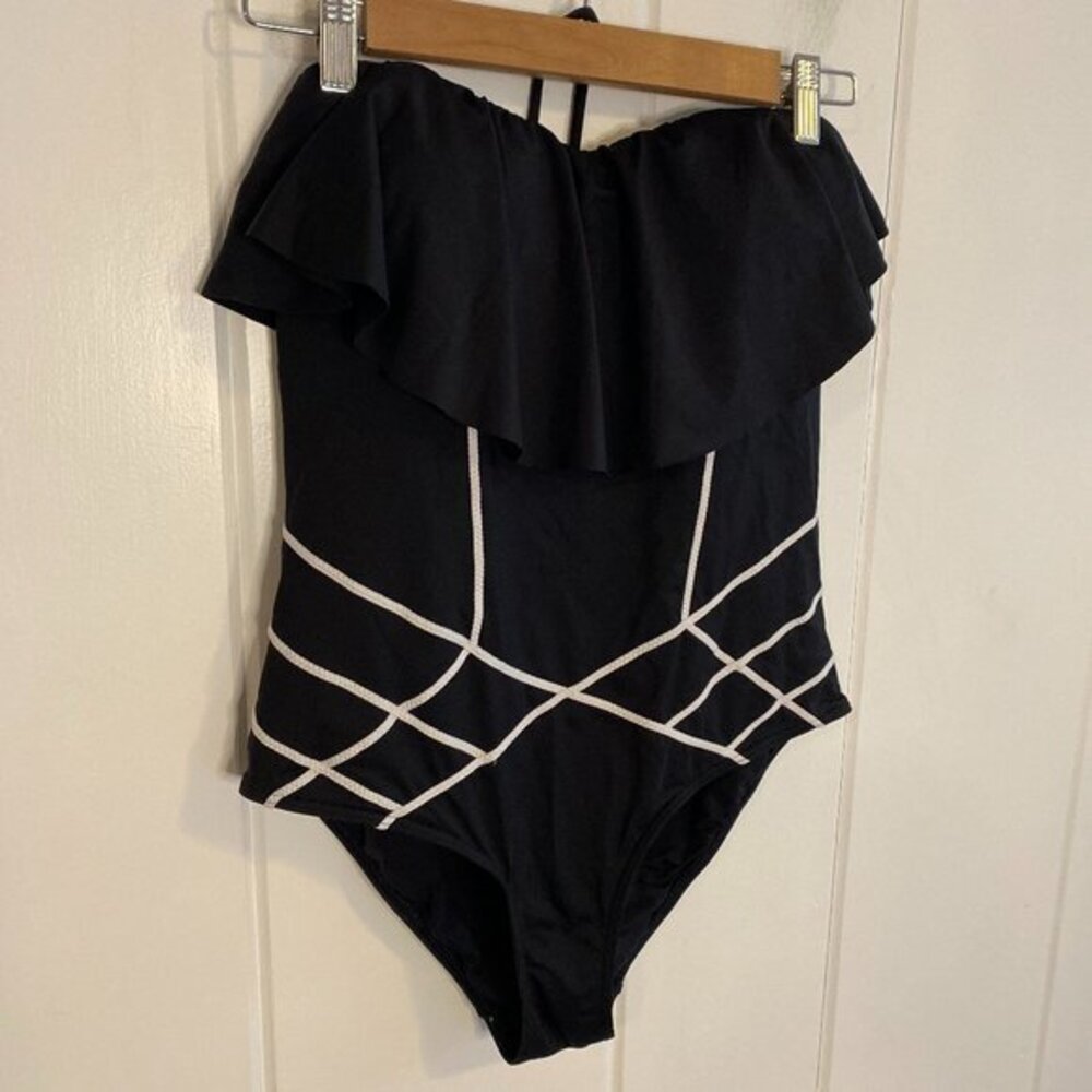 Elegant Black and White Ruffle One-Piece Swimsuit